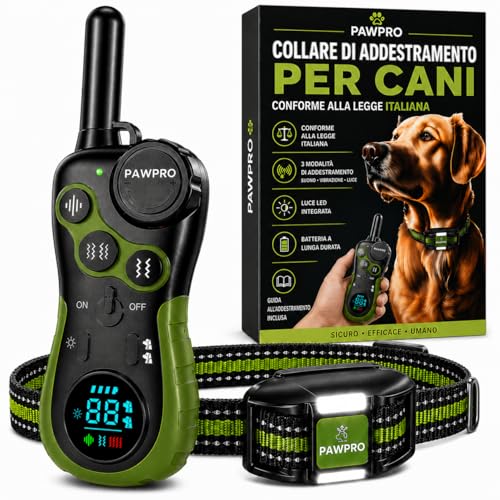PAWPRO Collare di Addestramento, Conforme Nuova Legge Italiana Benessere Animale, Portata XXL 3 km, Modalità Luce Notturna, BIP Vibrazione Potenziata, Adatto Tutti Cani, Impermeabile (1 Collare)