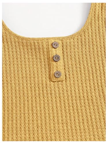 Image of RoseSeek Girl's 2 Piece Outfits Waffle Knit Scoop Neck Button Down Crop Tank Tops Paperbag Waist Track Shorts