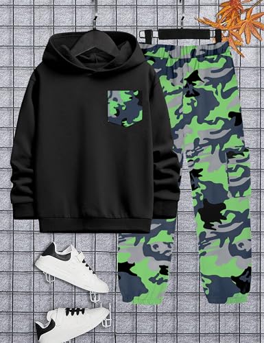 Image of KANGKANG Boys Clothes Two Piece Long Sleeve Hooded Sweatshirt Top Camouflage Sweatpants Fall Outfits Winter Clothes Set 6-16Y