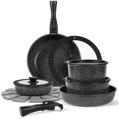 Comparison: Best Equip Marble Non Stick Cookware 4 15-Piece Premium Nonstick Cookware Set – Marble Coated Pots & Pans (Interior & Exterior), Removable Handle, Space-Saving for RVs & Small Kitchens, Induction & Oven Safe, PFOA-Free