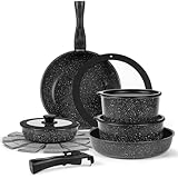 15-Piece Premium Nonstick Cookware Set – Marble Coated Pots & Pans (Interior & Exterior), Removable Handle, Space-Saving for RVs & Small Kitchens, Induction & Oven Safe, PFOA-Free
