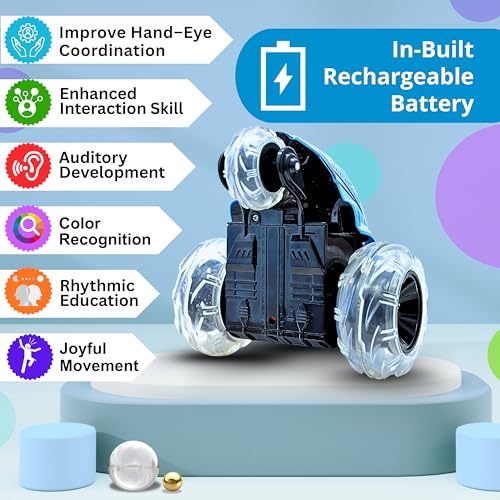 Image of Gooyo GY-0242 Rechargeable Stunt Car Toy for Kids with Tornado Rotation, Reverse Drive Function, Demo Mode, Lighting Effect & Music | Remote & USB Included | Power Source: in-Built Battery | Blue