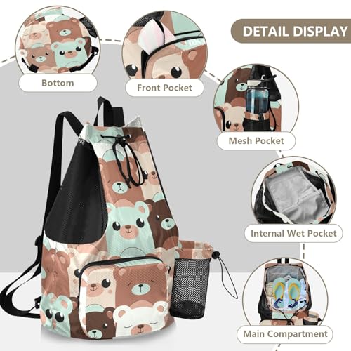 Cartoon Bear Head Teal Drawstring Gym Backpack for Men Women Pull String Sports Swim Bag with Mesh Pocket & Adjustable Strap Soccer Bag for Travel Outdoor Swimming3