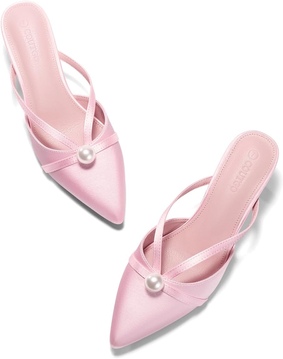 Coutgo Womens Pearl Kitten Heels Mules Closed Pointed Toe Sandals Satin Wedding Party Dress Shoes