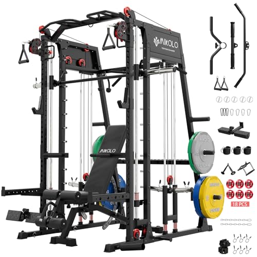 Mikolo Smith Machine, 2200lbs Squat Rack with LAT-Pull Down System & Cable Crossover Machine, Power Rack and Packages (BPRO230CPHGP)