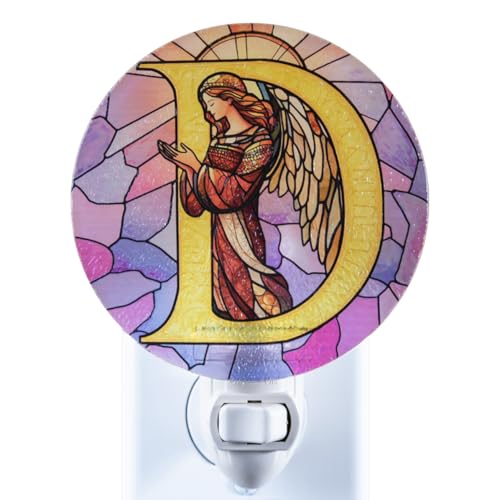 Angel Monogram Night Light – Stained Glass Styled Plug-in Wall Lamp, Victorian Inspired Letter D Design with Manual Switch & Bulb Included –...