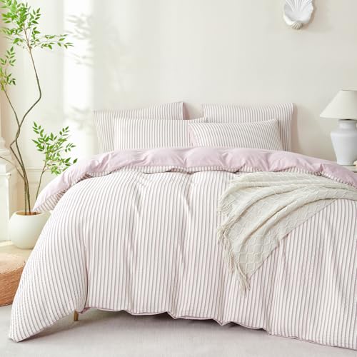 Image of Light Purple Striped Comforter Set Queen - 3 Pieces Bedding Comforter Set for All Season, Soft Lightweight Washed Microfiber, 1 Striped Comforter and 2 Pillowcases (Light Purple, Queen Size)