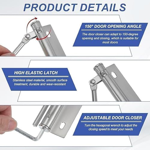 Image of Automatic Door Closer with Adjustable Spring Tension, 180 Degree Metal Door Closing Mechanism, Self Closing Spring Arm with Screws & Allen Key, Left & Right Door Installation for Home