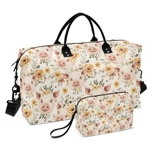 Duffel Bag Set for Travel Gym Sport, Weekender Bag Carry on Overnight Bags for Women Men-Pig Flower Print