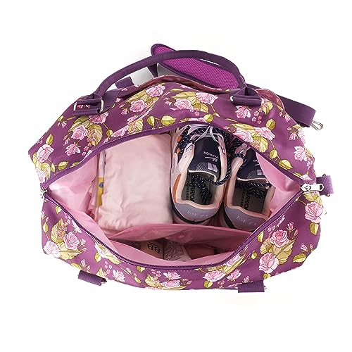 Travel Bag is Personal Item on Airplane, Duffle has Trolly Sleeve Padded Strap and Pockets, Carry On is Floral Purple and Pink Inside3