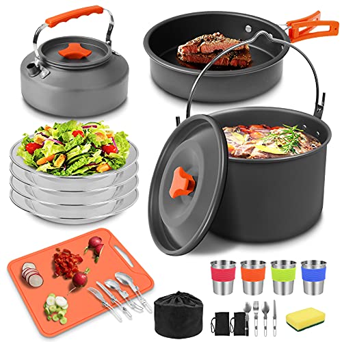 Batterie de cuisine 31 pièces pour camping, casserole à suspendre et bouilloire pour 3 à 4 personnes, pique-nique, randonnée, pêche, accessoires de camping légers (orange) Cover