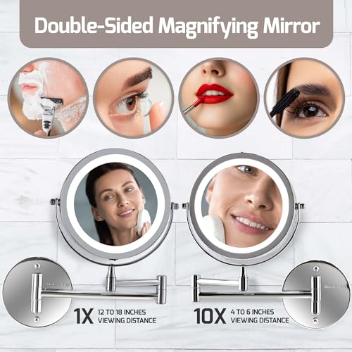 Image of OVENTE 7 inch Wall Mounted Lighted Makeup Mirror, Nickel Brushed MFW70BR1X10X | Cordless Double Sided 1X /10X Magnifying Mirror for Bathroom with LED Lights, 360 Rotation, Extendable Arm, Battery Operated