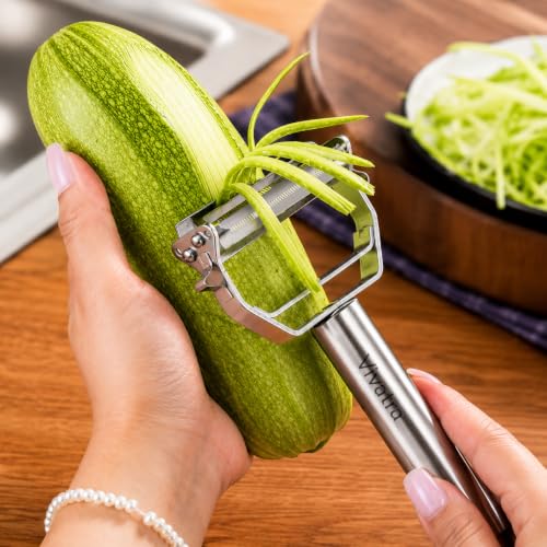 Image of 2 in 1 Stainless Steel Julienne Vegetable Peeler Multi-Functional Fruit & Veggie Shredder Slicer and Grater for Potatoes, Carrots, Cucumbers (Silver, 18 x 8.2 x 2.3 cm)