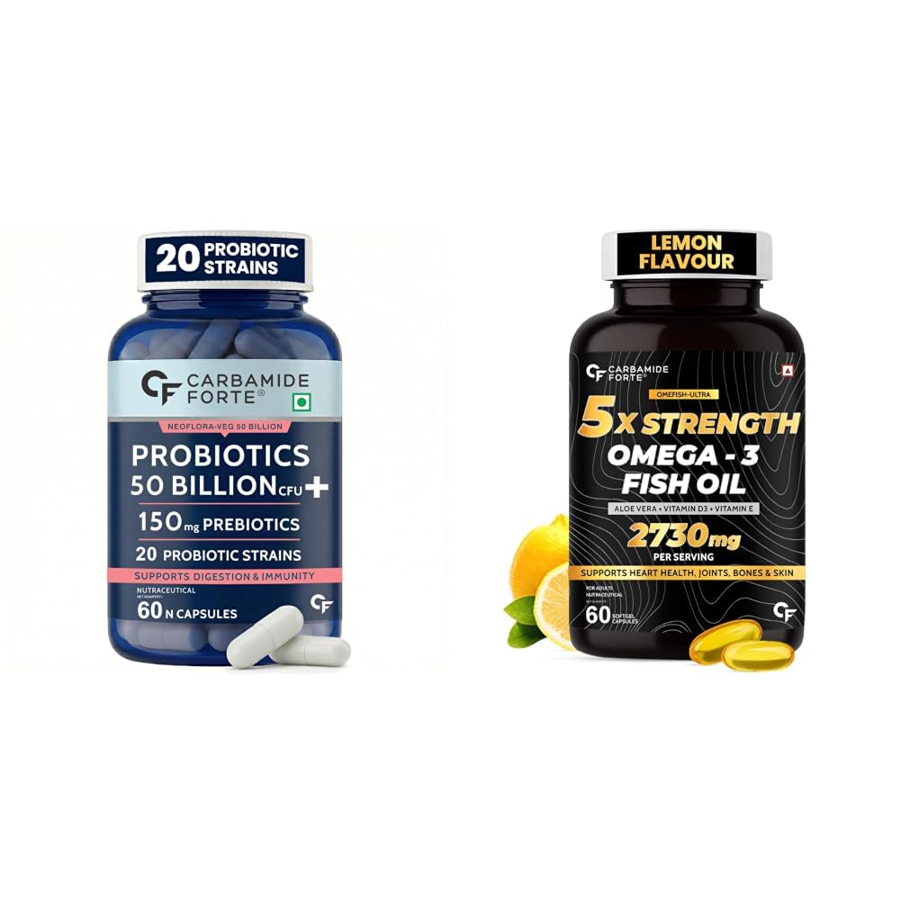 Carbamide Forte Probiotics Supplement 50 Billion CFU Gut Health Supplements with Probiotic | Gut Cleanse with Prebiotics and Probiotics – 60 Capsules & 5X Strength Omega 3 Fish Oil Capsules 2730mg-picture-32