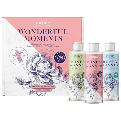 Agua de rosas de Monte Nativo - Set regalo mujer (3x200 ml) - Agua de rosas original, con aloe vera, con ácido hialurónico - Cosmética natural 100% para el cuidado de la piel - Cuidado facial
