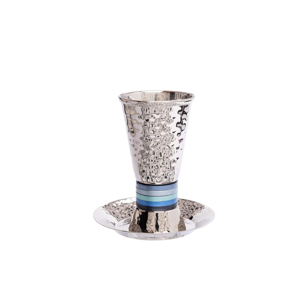 EMANUELYair Hammered Nickel Kiddush Cup Set with Blue Ring | CUT-2