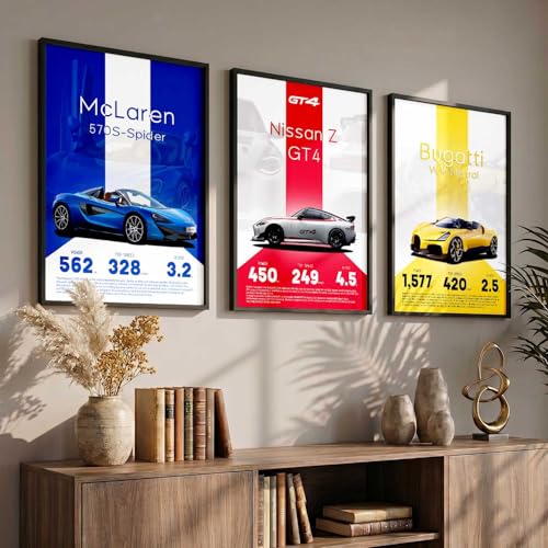 Image of walllane Big Nissan, McLaren, Bugatti Cars Framed Posters Gift Items for Boys Room Wall Decoration Bedroom Living Room Office Studio Decor | Car Poster Frame for Wall Decor Set Of 3 Size (13x17 inch)