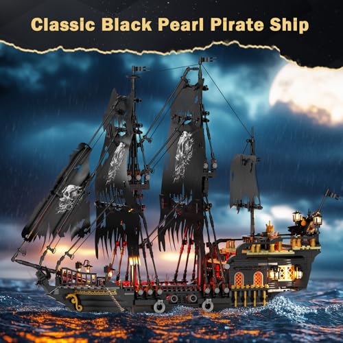 Image of JMBricklayer Pirate Ship Building Toys with Lights, Pearl Pirate Ship Model Boat Kit 40002, Black Ship Toy Building Sets for Adult Teens 14+, Home Office Decor Valentines Gifts(1713 PCS) New Upgrade