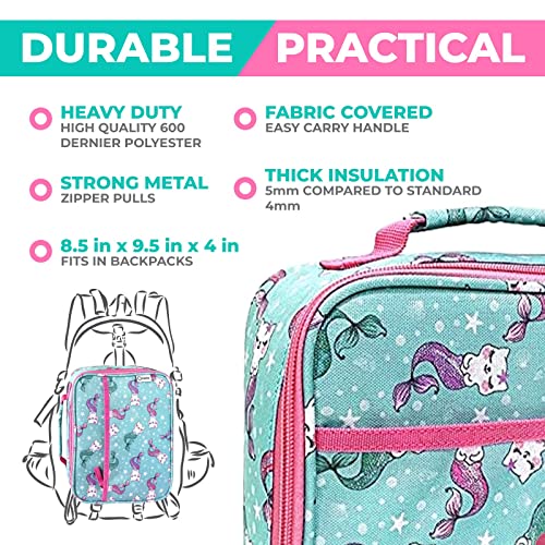 Image of kinsho Bento Lunch Box. Insulated Bag, Water Bottle & Ice Pack Set for Kids, Toddlers, Girls. 5 Portion Sections, Removable Tray, Pre-School Toddler Daycare Lunches, Snack Container, Aqua Cat Mermaid