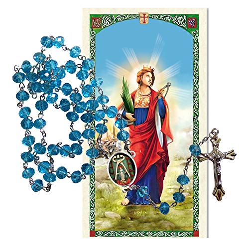 Saint Apollonia Patron of Dentists and Sufferers from Dental Disease Aquamarine Crystal Faceted Rondelle 8mm Beads Rosary with Silver Plated Crucifix and Medal Centerpiece Includes a Prayer Card2