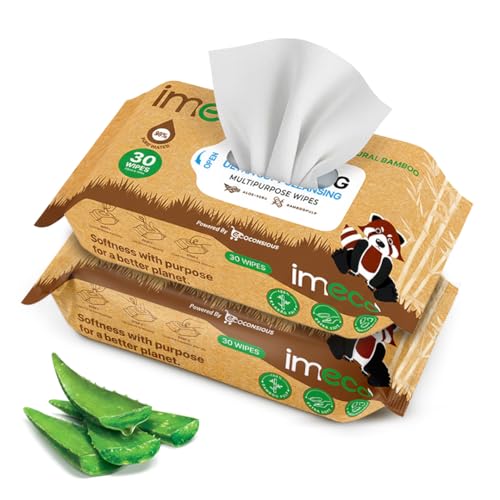 Image of IMECO Bamboo Wet Wipes | 60 Wipes (30 Wipes X Pack of 2) | Aloe Vera Facial Wipes | Makeup Remover Wipes | Cleansing Face Wipes | Wet Wipes for Women & Men | Paraben & Alcohol Free