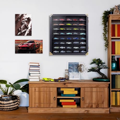 Image of Giant Model Car Display Case with Wall Mounts,Display up to 50 Cars ,Model Hot Toy Cars Storage Organizer,15.7*2.75*16.7 Inches,UV Protection Acrylic Glass Door,Gold Lock,Black