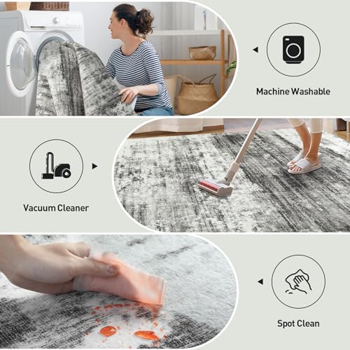 5x7 Area Rugs Washable Rug: Modern Abstract Living Room Rug Soft Anti-Skid Thin Carpet Indoor Floor Non-Shedding Carpets for Bedroom Dining Room Farmhouse Nursery Home Office - Black Grey