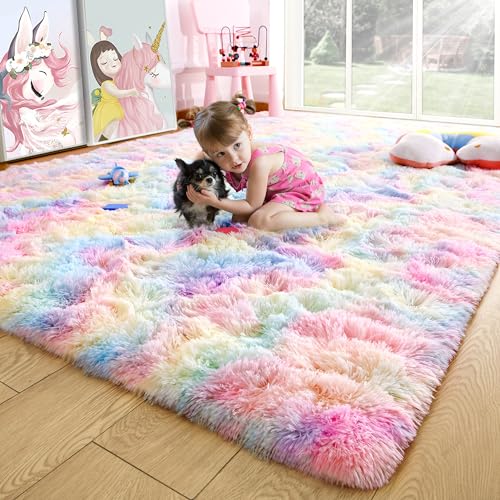 Noahas Alfombras de arco iris esponjosas de 5 x 8 pies para dormitorio de niñas, alfombra de pelo rosa para habitación de niños, alfombras peludas para sala de estar, alfombras suaves y coloridas para