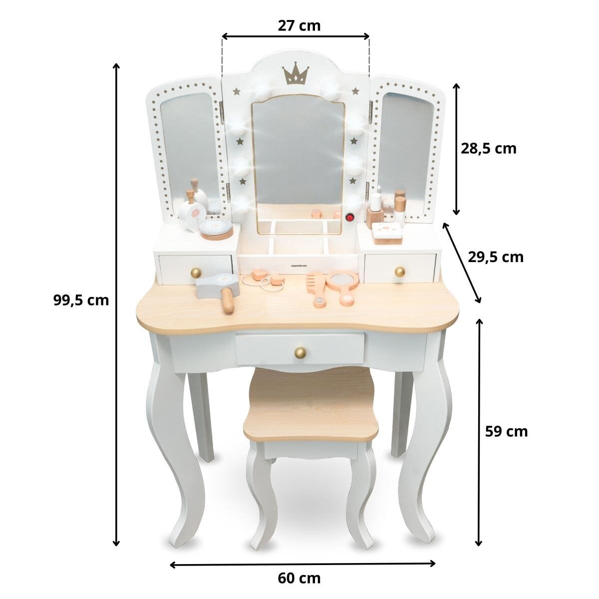 Mamabrum Coiffeuse en Bois pour Enfants 3+, XXL avec Tabouret et éclairage LED, Miroir à 3 Ailes, Grand tiroir, Accessoires, Maquillage de rôle, Structure Solide, Transformable en Bureau