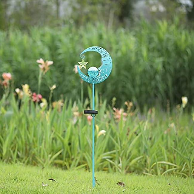 Outdoor Solar Lights Garden Decor for Patio,Lawn or Pathway Moon Decorations Crackle Glass Globe Stake Metal Lights Waterproof Warm LED Garden Gifts (Blue)