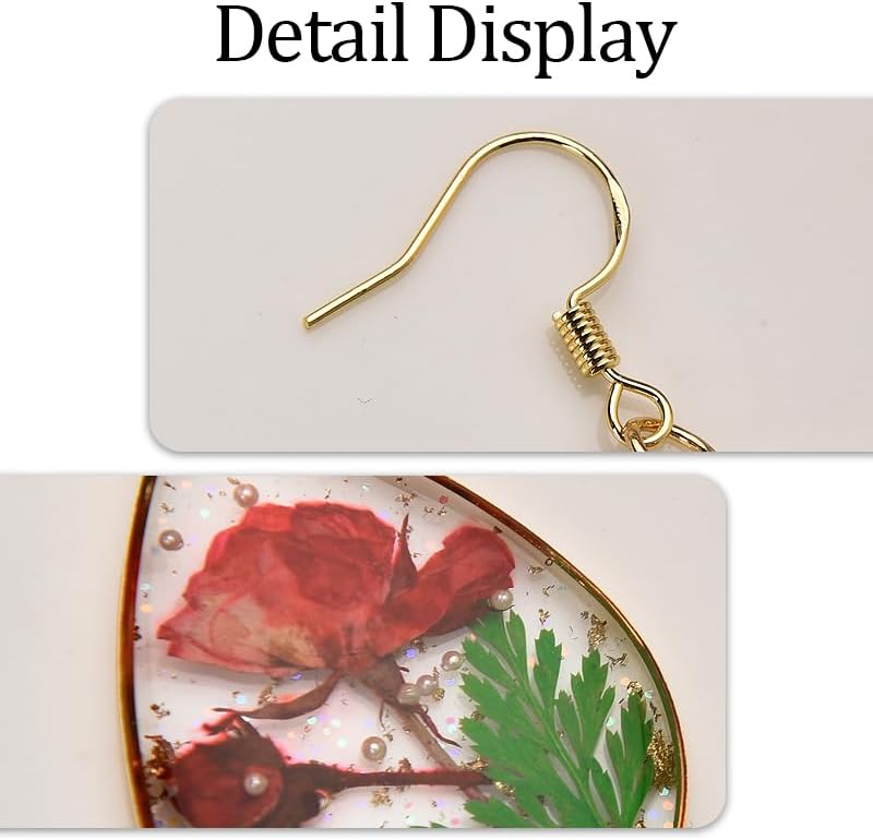 Dry Flower Teardrop Earrings for Women Handmade Pressed Flower Rose Earring Nature Plant Dry Flowers Hook Earring for Women Trendy Hypoallergenic Resin Drop Dangle Earrings for Mom Sister - Image 5