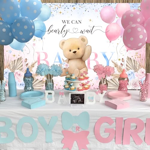 Image of Avezano Boho Bear Gender Reveal Backdrop Banner Boho Floral We Can Bearly Wait Gender Reveal Decorations Pampas Grass He or She Baby Shower Party Decor (6x3.6ft)