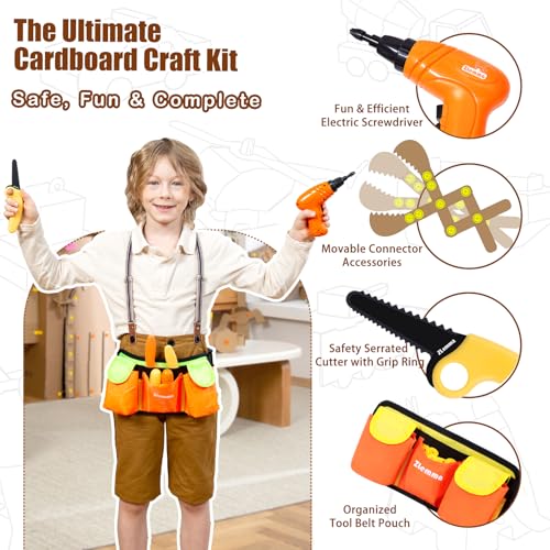 Image of Kids Cardboard Construction Tool Set with Electric Drill & Tool Belt -258PCS, STEM Building Kit for Creative Craft Projects, Educational DIY Engineering Toy for Boys & Girls