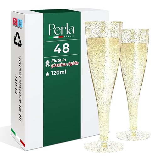 Perla - 48 Flute da Champagne Eleganti in Plastica - 120ml - Calici Trasparenti Glitterati Oro - Resistenti e Riutilizzabili - Bicchieri da Brindisi per Feste Compleanni Matrimoni Natale Capodanno
