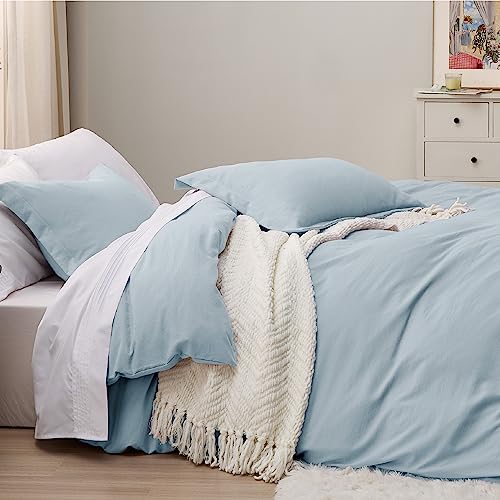Image of Bedsure Sky Blue Duvet Cover Queen Size - 3 Pieces Prewashed Cotton-Like Polyester Extra Soft Bedding Set, Includes 1 Duvet Cover 90x90 Inches with Zipper Closure & 2 Pillow Shams, No Comforter