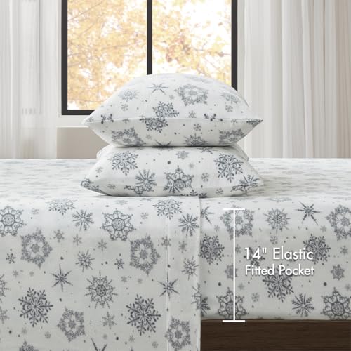 Image of True North by Sleep Philosophy Soft & Cozy Micro Fleece Sheet Set, Fitted Sheets Deep Elastic Pocket Fits Up to 16 inch Mattress, Warm Winter Bedding, Fleece Bed Set Queen Snowflake Boho 4 Piece