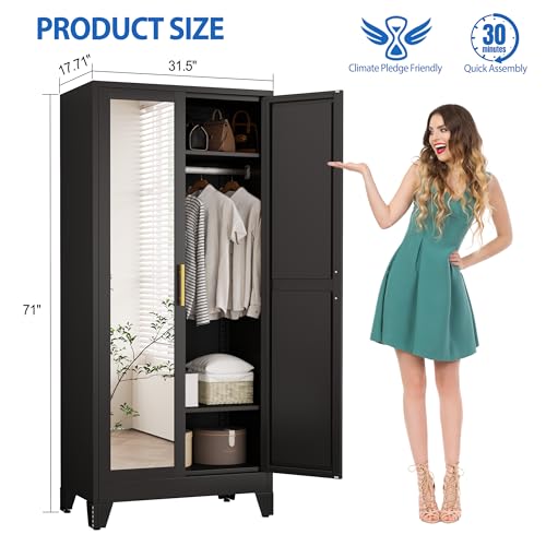 Image of GAIOUS Metal Wardrobe Cabinet with Mirror and Hanging Rod, 71 inch Black