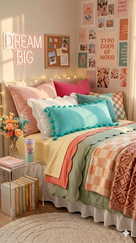 Image of WWW.THROWPILLOW.IN Caribbean Blue Green Big FullerTassels Trim Throw Pillow Cover, Solid Decorative Coastal Chic Accent Pillow for Sofa, Bed, Dorm Room Rectangular Full Body Bed Pillow 12x36 Inches