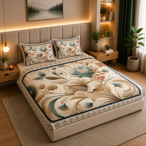 Image of 7D Digital Printed King Size Bedsheet with 2 Pillow Covers | Soft Premium Cotton Feel Microfiber Double Bed Bedsheet | Wrinkle Free & Fade Resistant | (BeigeFlw, King Size - 90 x 100)