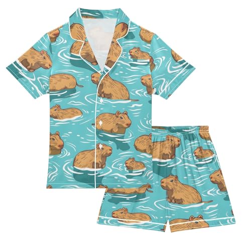 Water Capybaras Pajamas Set Summer Button Down Sleepwear Pjs Sets Comfy Loungewear