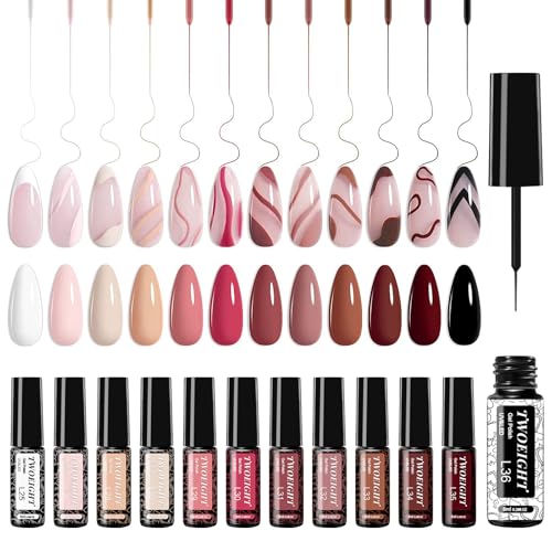 TWOEIGHT Gel Nail Polish Liner Nail Art 12 Colors 8ml UV Lamp Soak-off Polishes Pigmented Autumn Winter Brown Wine Red Collection Thin Brush in Bottle Manicure DIY at Home Salon