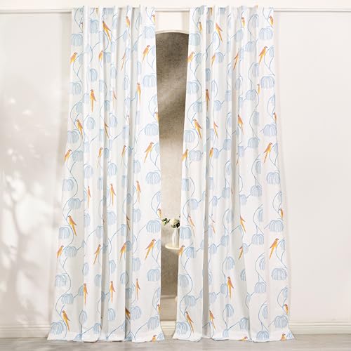 Image of Tranquebar Curtain Co. Window Curtains 5 Feet, 60-65% Room Darkening,Yellow-Blue Bird Print, Cotton Curtains for Window,Cotton Curtains 5 Feet Long Set of 2,BackTab Loops,Mithu (152 cm)- Set of 2
