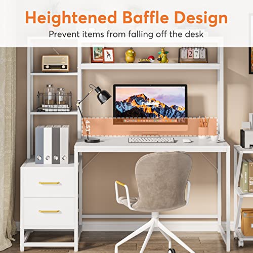 Image of Tribesigns 55 Inch Computer Desk with 2 Drawers and Storage Shelves, Rustic Office Desk with Hutch, Study Writing Gaming Table Laptop Workstation for Home Office (White)