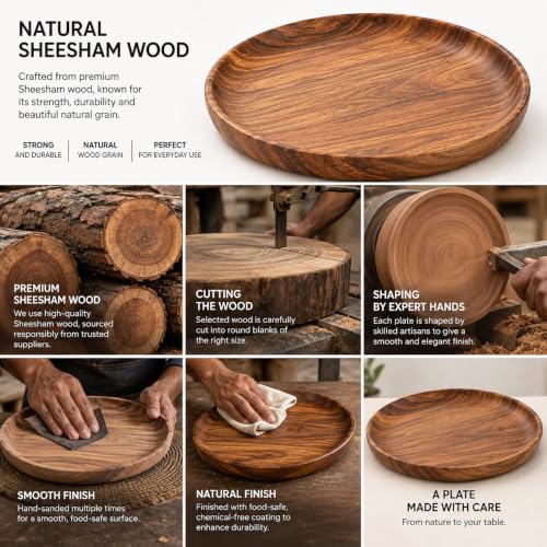 Image of Wooden thali, Sheesham Wood Serving Plate, 25.4 cm Round, Natural Brown, Chemical-Free (Extra Large Plate)