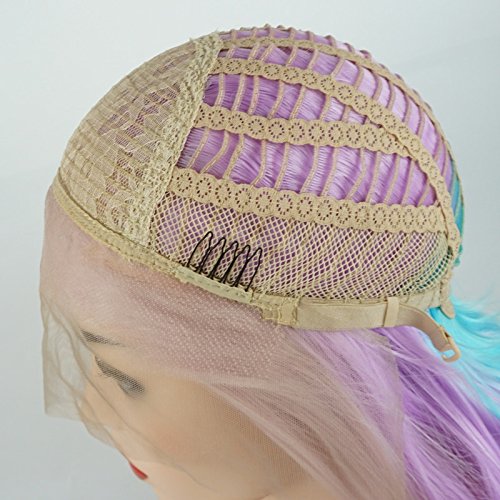 Miniatura 6 de meiyite pelo ondulado largo de 26inch rosa y morado claro y azul claro mezcla alta densidad realista sintético peluca de encaje frontal
