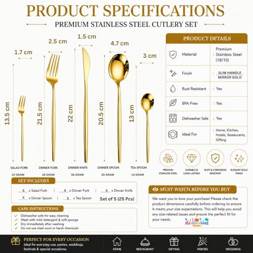 Image of Slim Handle Gold 25 Pcs Stainless Steel Cutlery Set for Dining Table, Dishwasher Safe Glossy Flatware (5 Spoon Set+5 Forks Set+5 Butter Knife+5 Dessert Spoon+5 Fruit Fork)