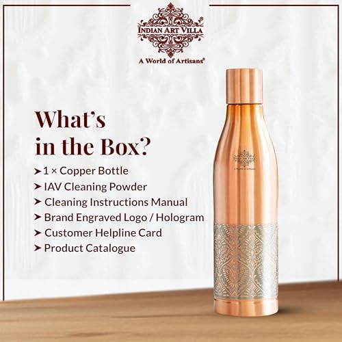 Image of INDIAN ART VILLA Pure Copper Water Bottle, Half Embossed Lacquer Coated Bottle for Drinking Water, Ayurvedic Health Benefits, Leak Proof Bottle for Home, Office, Travel & Gifting, 1150 ML