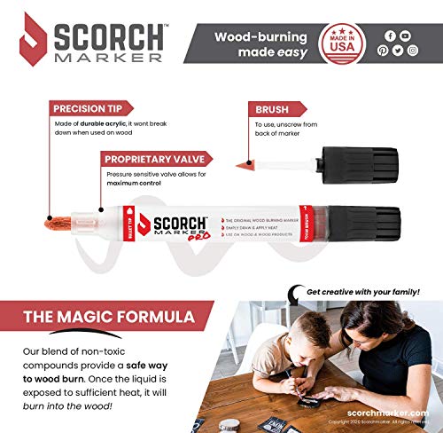 Scorch-Marker-Pro-Non-Toxic-Chemical-Wood-Burning-Pen-Heat-Sensitive-Double-Sided-Marker-for-Wood-and-Crafts-Bullet-Tip-and-Foam-Brush-for-Easy-Application-New-Improved-Formula