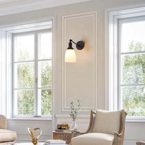 Image of PERMO Industrial Vintage Slope Pole Single Sconce with 5.5 inch Oval Dome White Glass Shade Black Wall Sconce Wall Mount Light Lamp Fixture