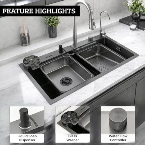 Image of ARQUIN Kitchen Sink 24 inchx18 inchx9 inchInch Waterfall Kitchen Sink Original 304 Grade Stainless Steel ANTI SCRATCH Black Matt Finish DESIGN Integrated Pull-down Faucet with Cup washer & Drain Baskets